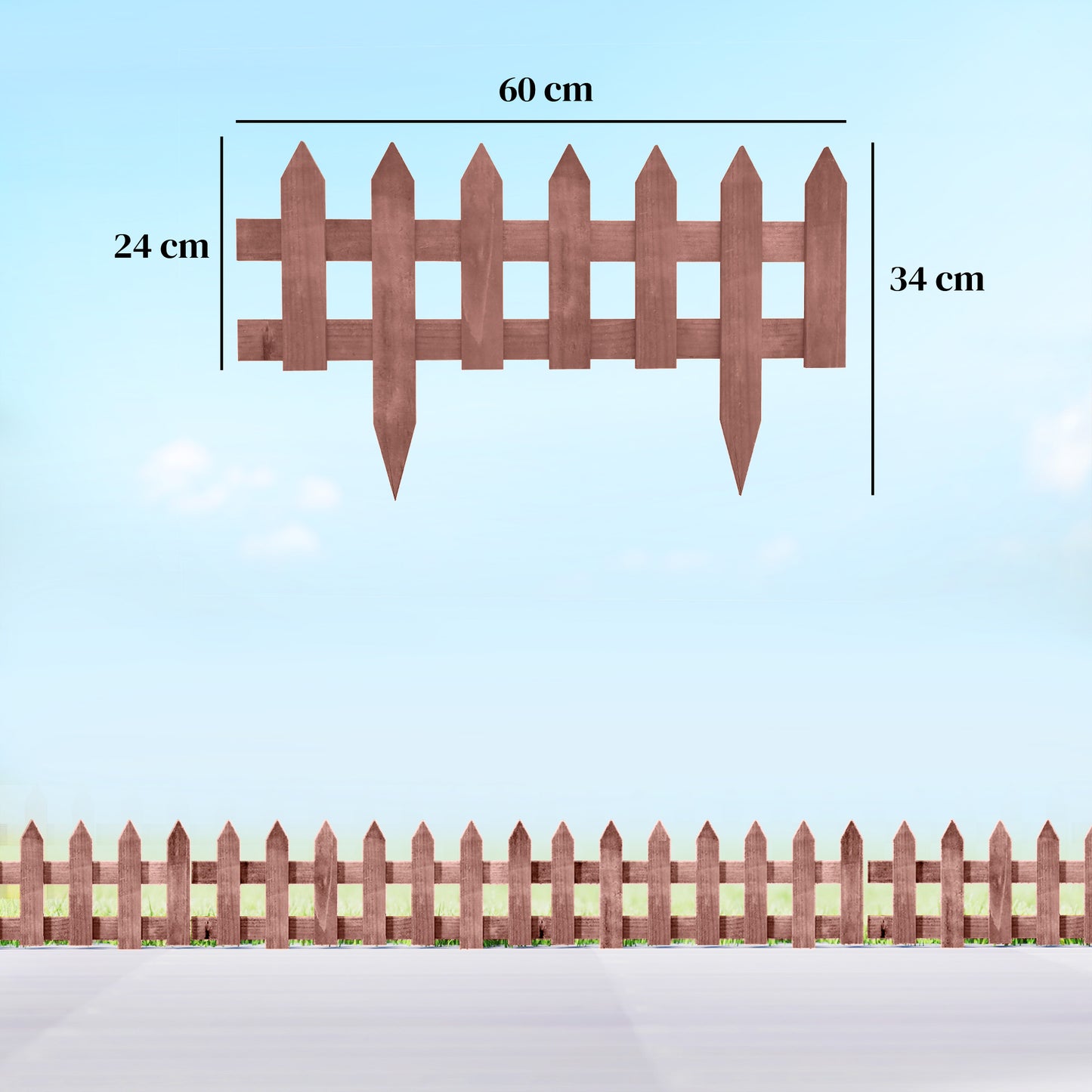 Pack of 12 Wooden Border Fences, Garden Fixed Picket Fence for Lawn Edging, Flowerbed, 60L x 1D x 34H cm, Rustic Brown