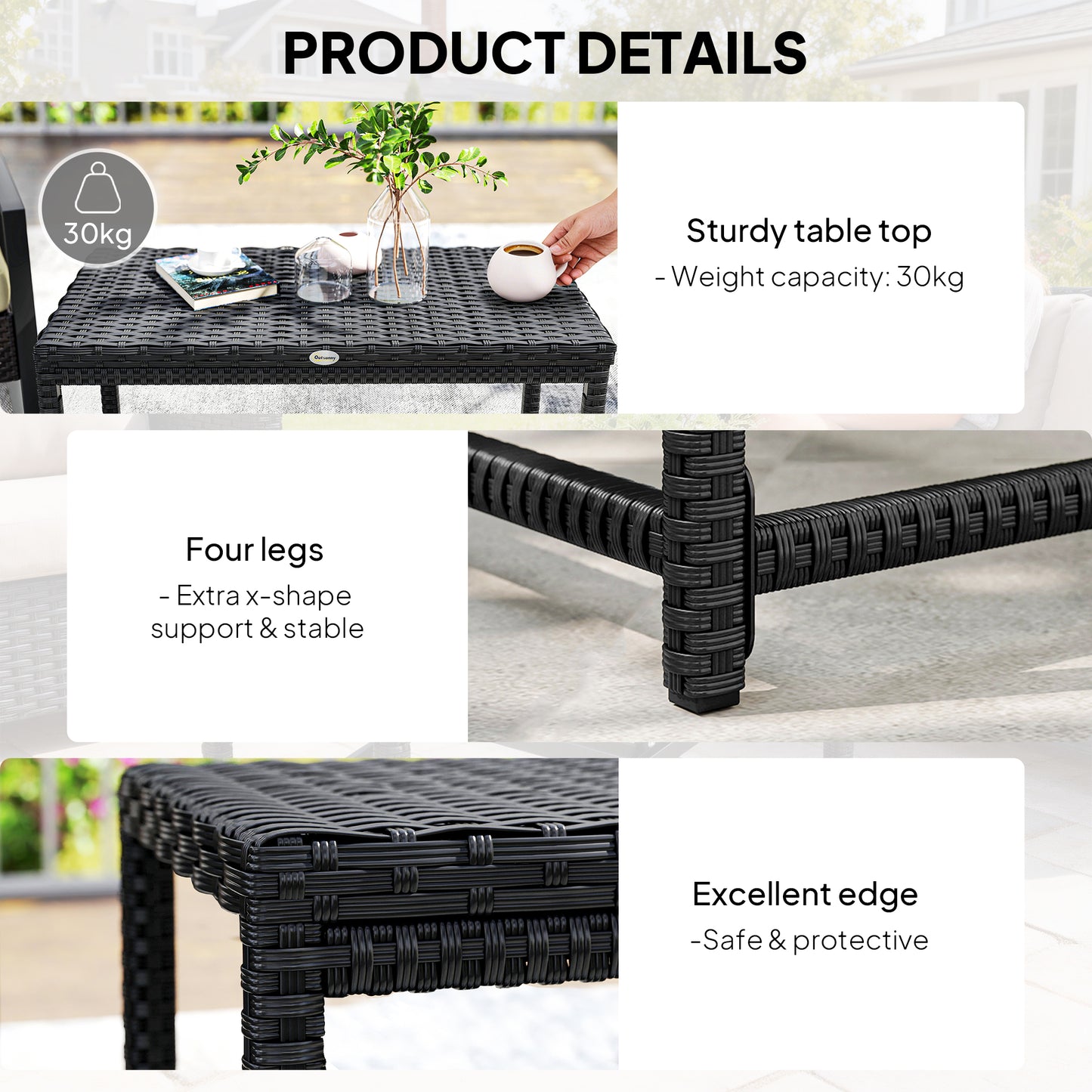 Outdoor Coffee Table, PE Rattan Side Table w/ Plastic Board, Black