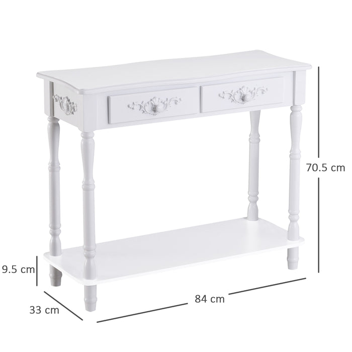 Wooden Console Table with Storage Shelf Two Drawers for Entryway White