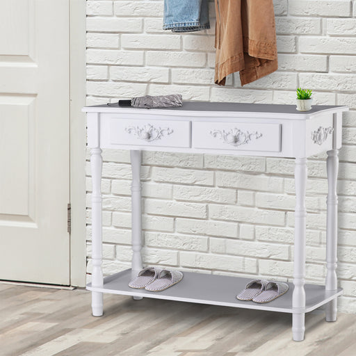 Wooden Console Table with Storage Shelf Two Drawers for Entryway White