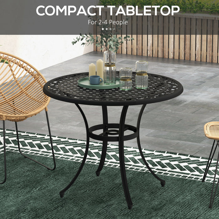 Round Garden Table with Parasol Hole, 90cm Cast Aluminium Outdoor Dining Table for 2-4 for Balcony - Black