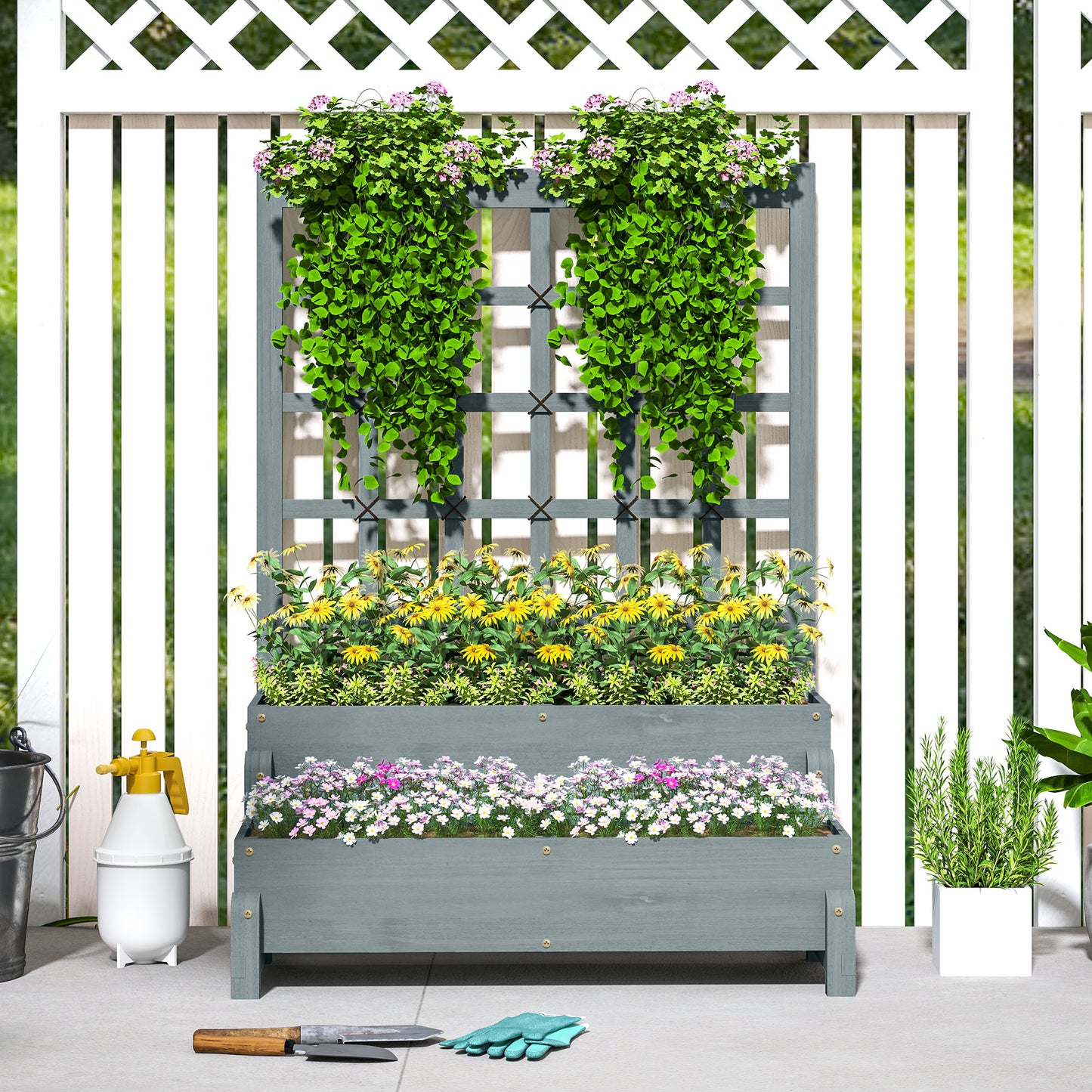 2-Tier Wooden Raised Bed with Trellis and Drainage Holes, Grey