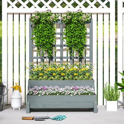 2-Tier Wooden Raised Bed with Trellis and Drainage Holes, Grey