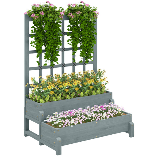 2-Tier Wooden Raised Bed with Trellis and Drainage Holes, Grey