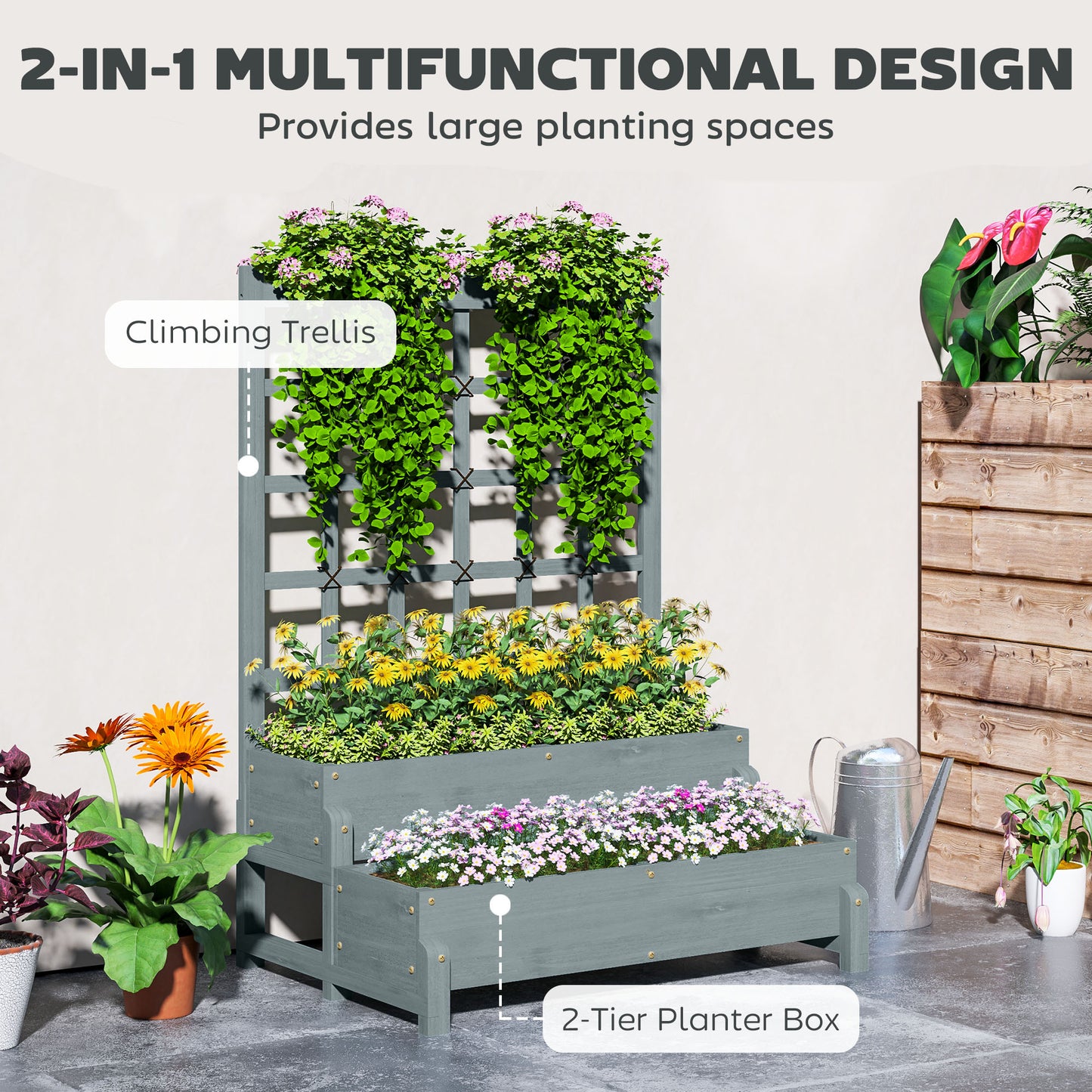 2-Tier Wooden Raised Bed with Trellis and Drainage Holes, Grey
