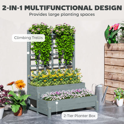 2-Tier Wooden Raised Bed with Trellis and Drainage Holes, Grey