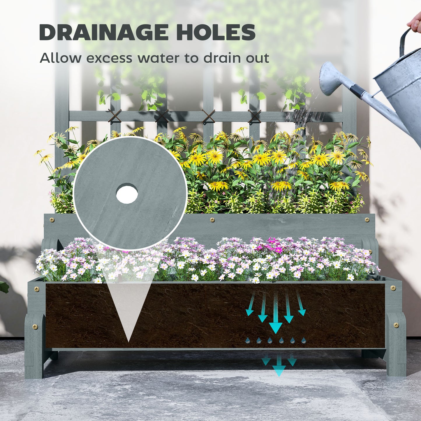 2-Tier Wooden Raised Bed with Trellis and Drainage Holes, Grey