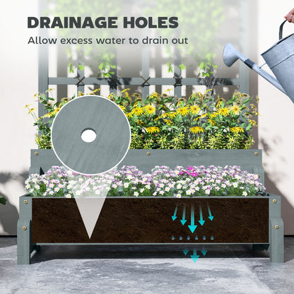 2-Tier Wooden Raised Bed with Trellis and Drainage Holes, Grey