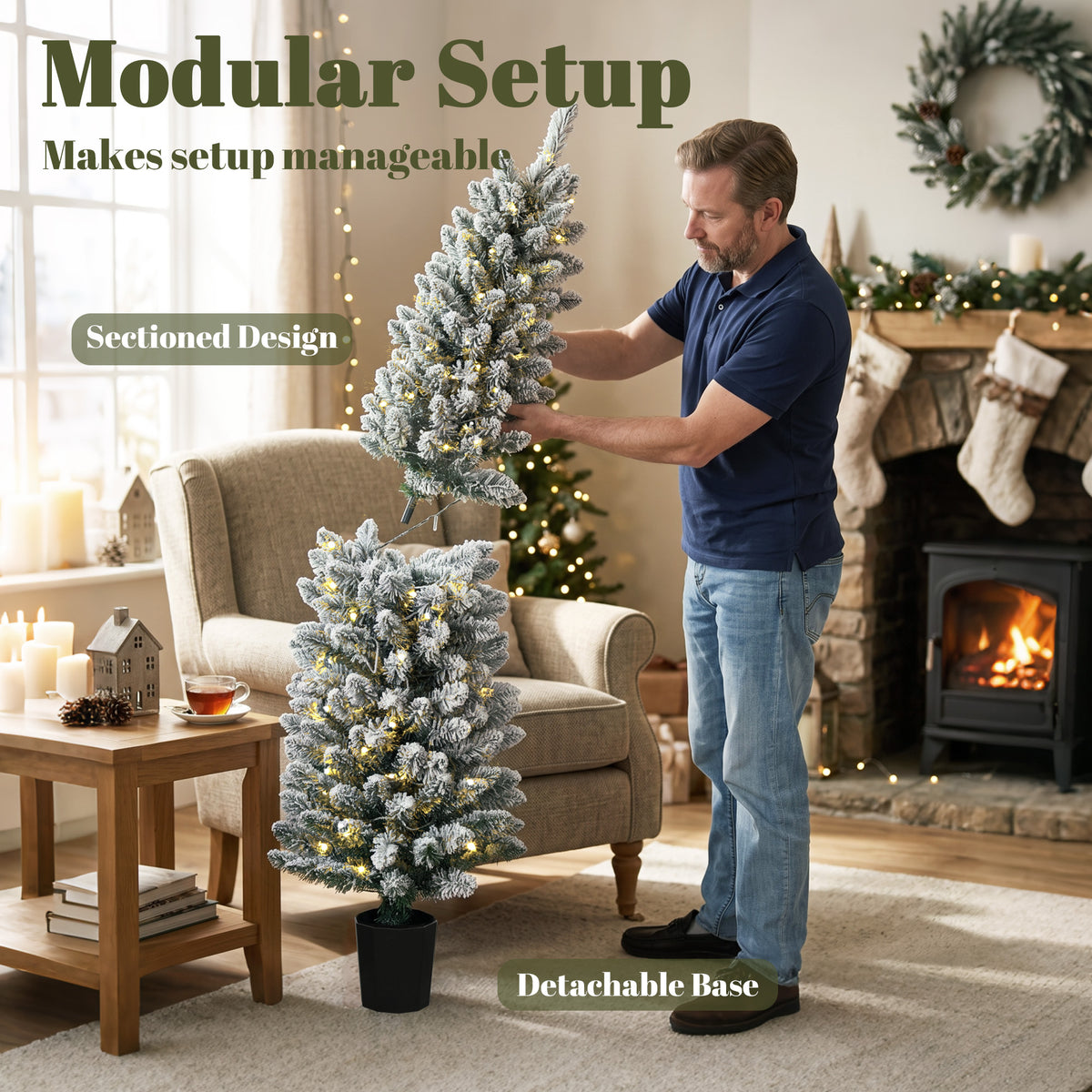 Prelit Snowy Flocked Artificial Christmas Tree Set of 3, 3FT/4FT/5FT