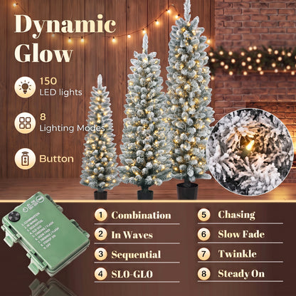 Prelit Snowy Flocked Artificial Christmas Tree Set of 3, 3FT/4FT/5FT