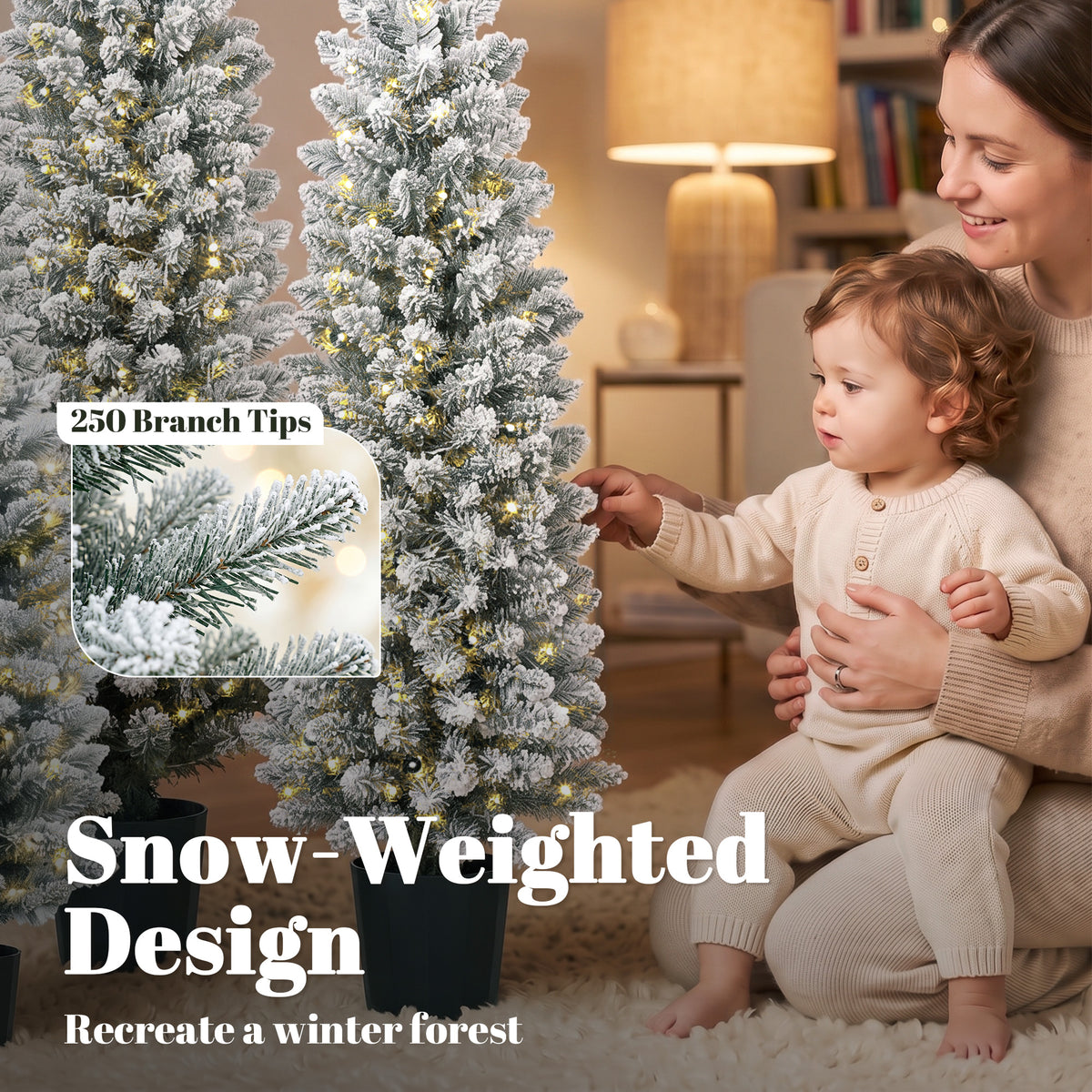 Prelit Snowy Flocked Artificial Christmas Tree Set of 3, 3FT/4FT/5FT