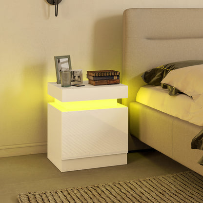 High Gloss Front Bedside Table, APP Control Nightstand with RGB LED Light and 2 Drawers, Chest of Drawers for Bedroom, Living Room, Set of 2, White