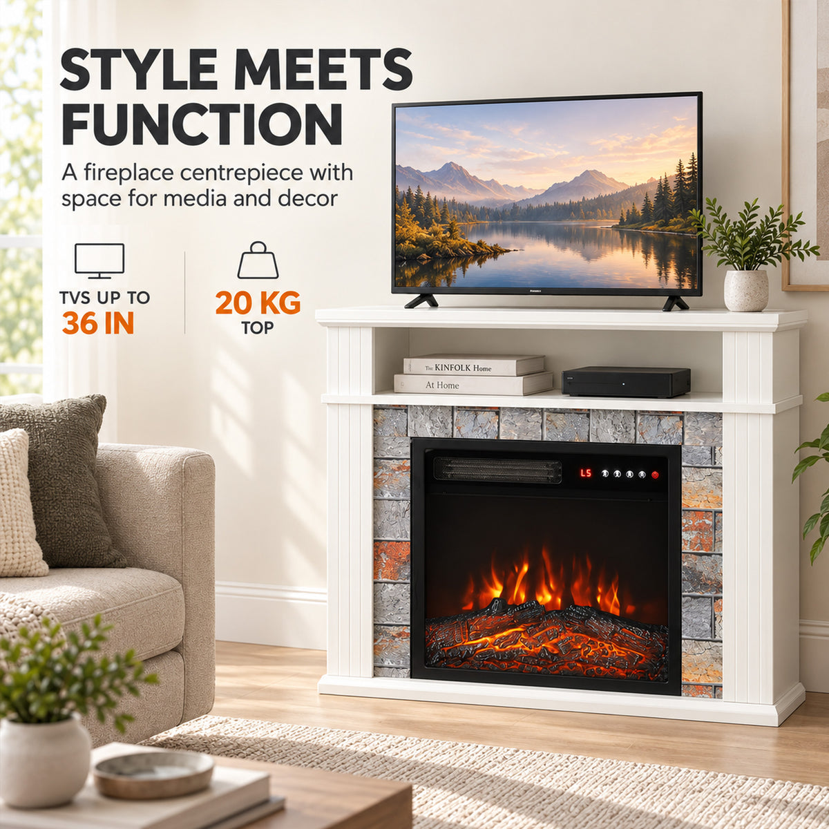 Electric Fireplace Suite with TV Stand, Shelf & Remote - White With Roman Side Pillars