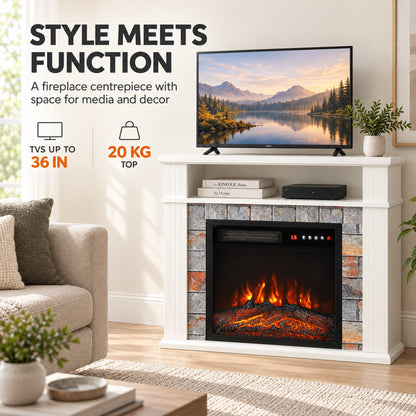 Electric Fireplace Suite with TV Stand, Shelf & Remote - White With Roman Side Pillars