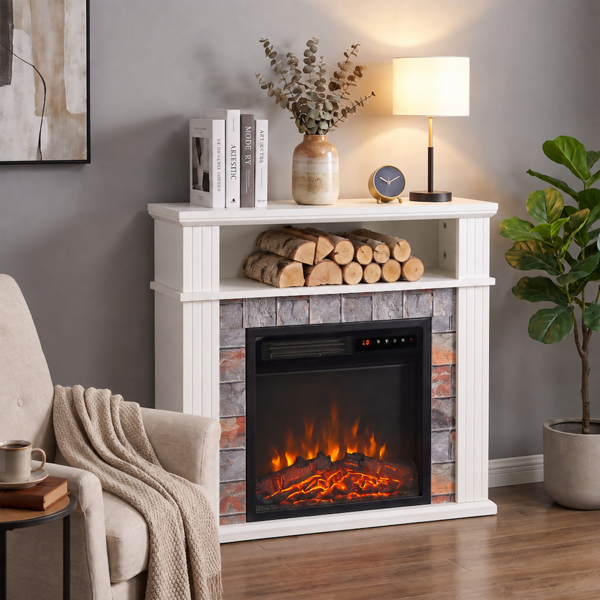 Electric Fireplace Suite with TV Stand, Shelf & Remote - White With Roman Side Pillars