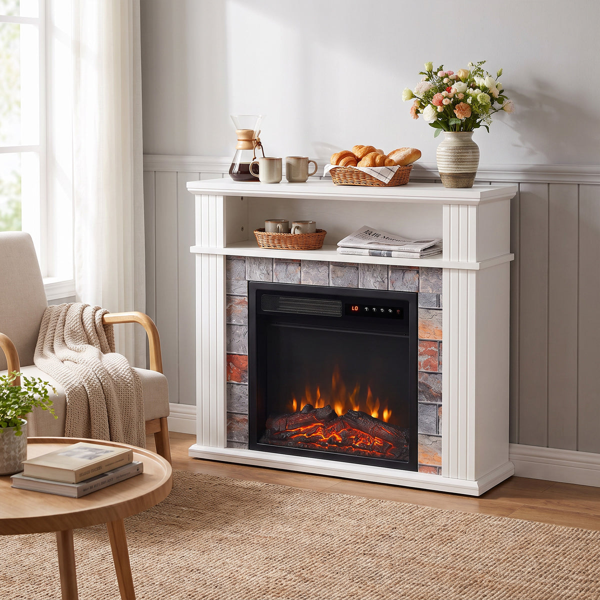 Electric Fireplace Suite with TV Stand, Shelf & Remote - White With Roman Side Pillars