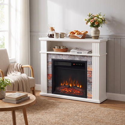 Electric Fireplace Suite with TV Stand, Shelf & Remote - White With Roman Side Pillars