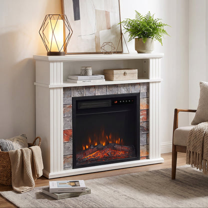 Electric Fireplace Suite with TV Stand, Shelf & Remote - White With Roman Side Pillars