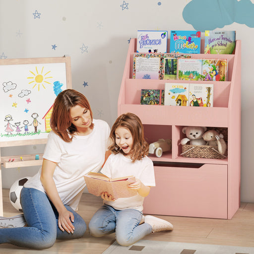 Kids Bookcase, Toy Box w/ Storage Drawer, Wheels for Bedroom - Pink