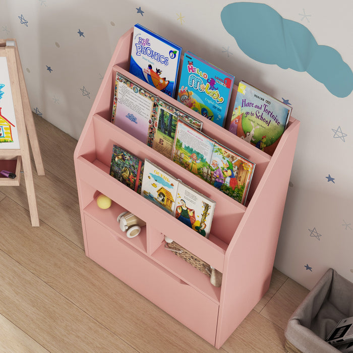 Kids Bookcase, Toy Box w/ Storage Drawer, Wheels for Bedroom - Pink