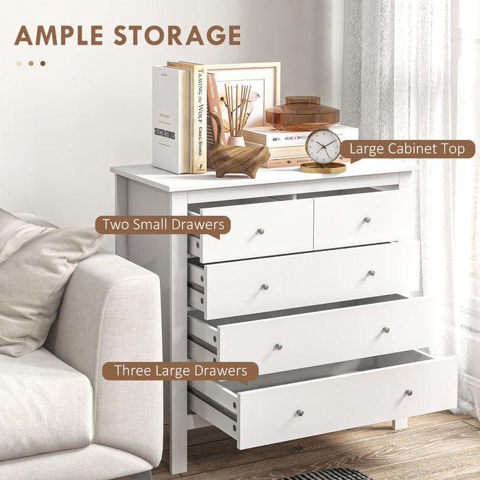 Modern Chest of Drawers, 5 Drawer Storage Cabinet with Metal Handles and Runners for Bedroom, White