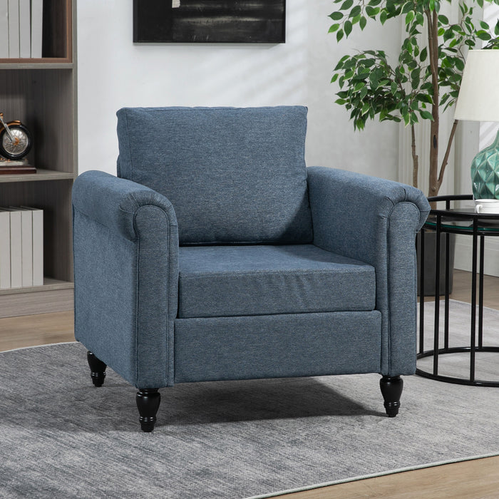 Vintage Accent Chair, Tufted Upholstered Lounge Armchair Single Sofa Chair with Rubber Wood Legs, Rolled Arms, Blue