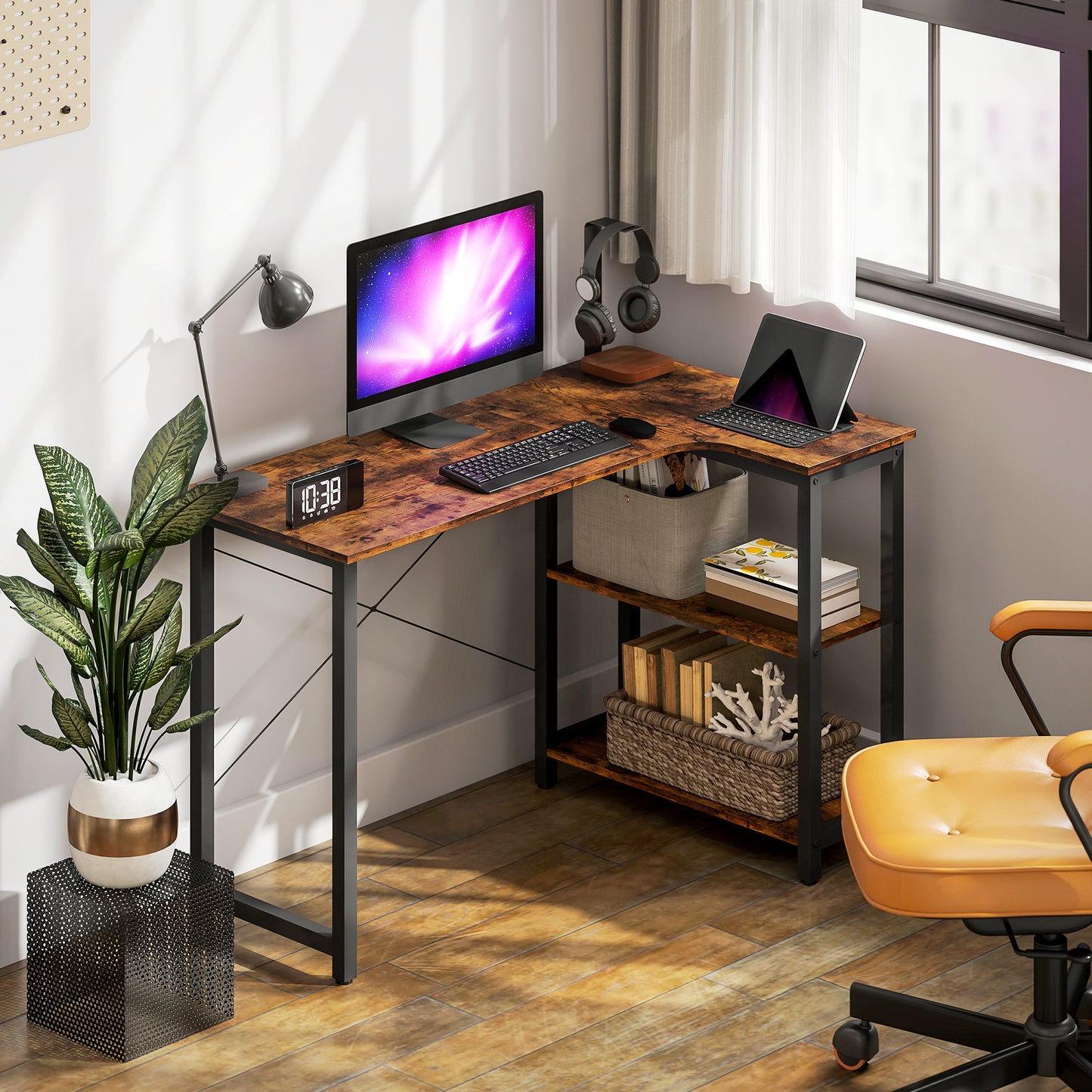 L-Shaped Computer Desk Study Workstation with 2 Shelves, Steel Frame