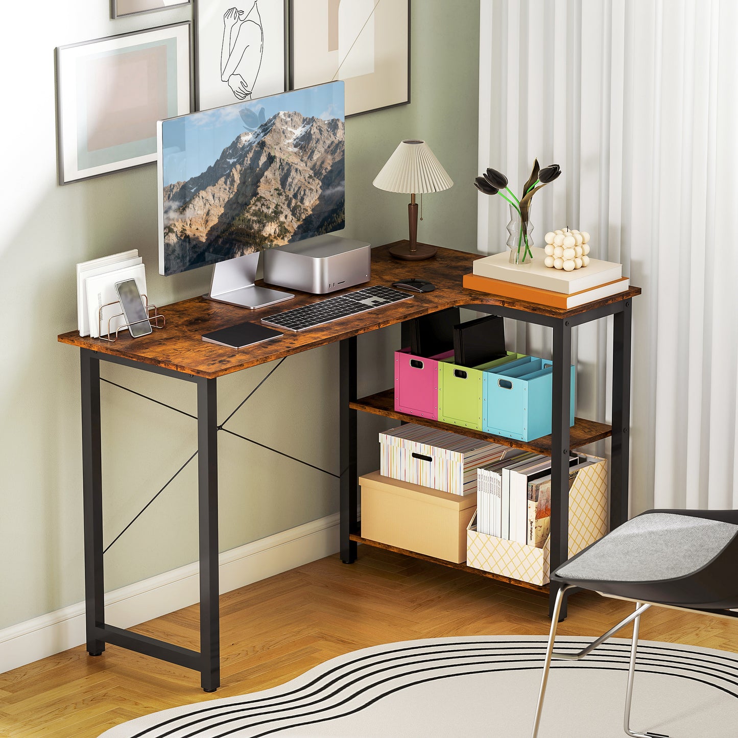 L-Shaped Computer Desk Study Workstation with 2 Shelves, Steel Frame
