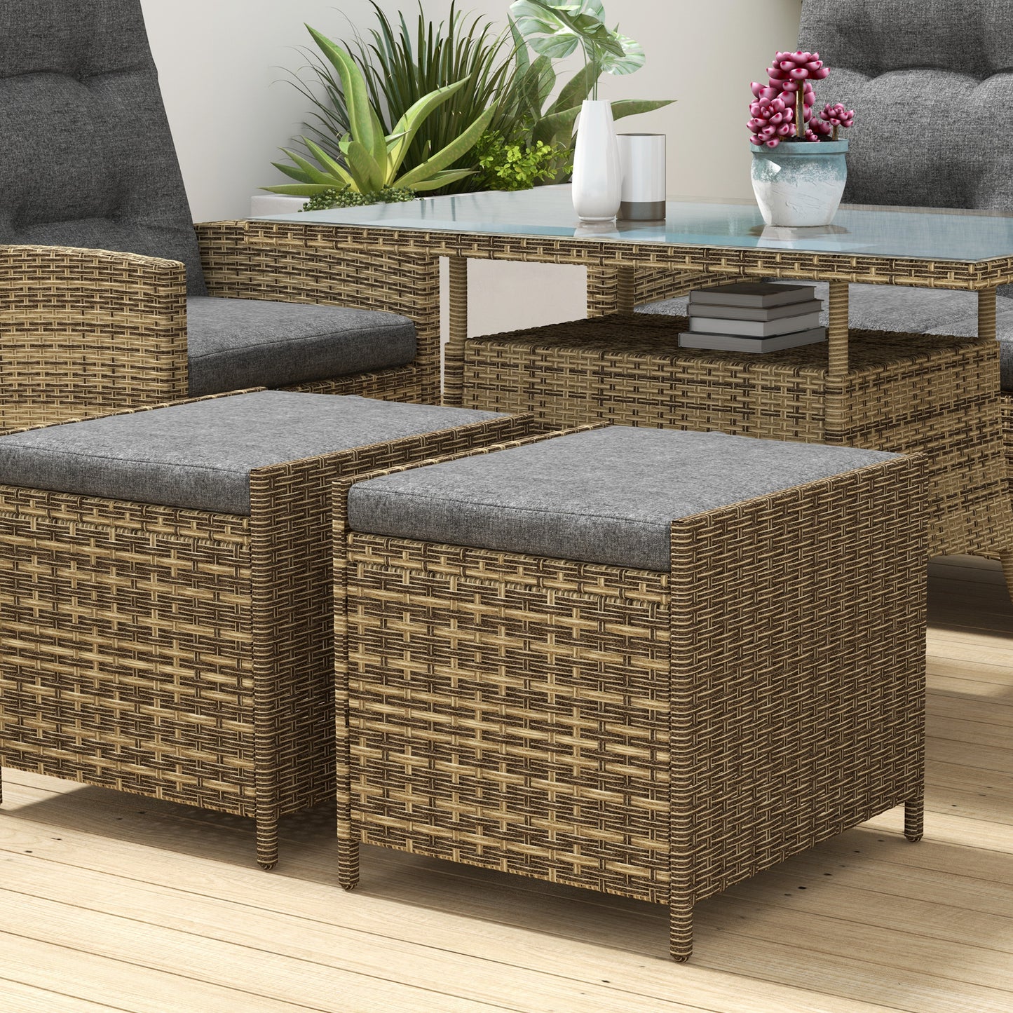 Rattan Dining Set for 6, 2 Reclining Chairs with Cushions, Grey