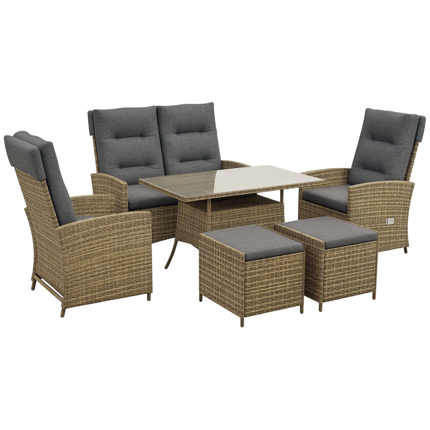 Rattan Dining Set for 6, 2 Reclining Chairs with Cushions, Grey