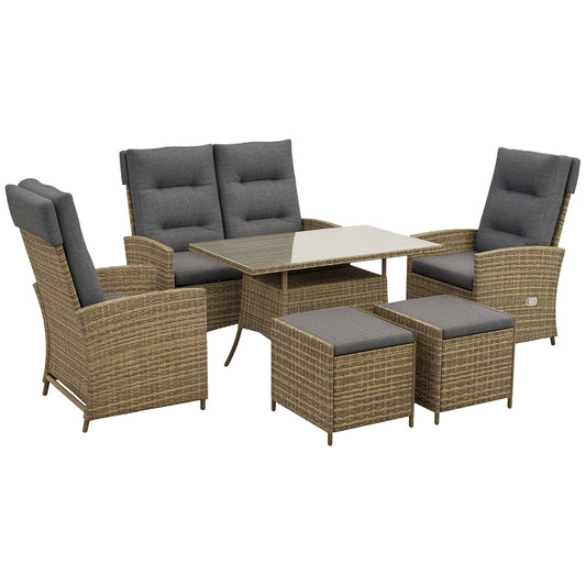 Rattan Dining Set for 6, 2 Reclining Chairs with Cushions, Grey