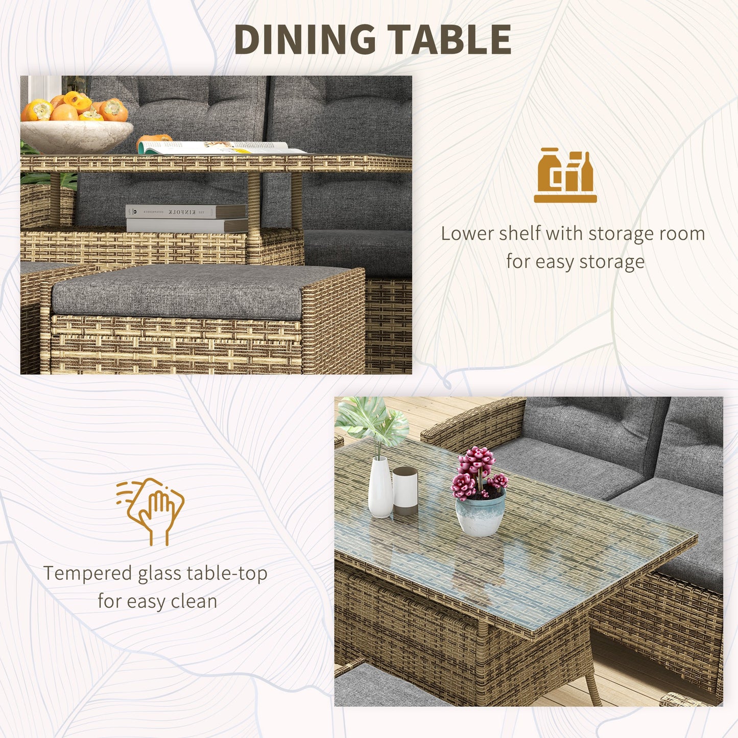 Rattan Dining Set for 6, 2 Reclining Chairs with Cushions, Grey