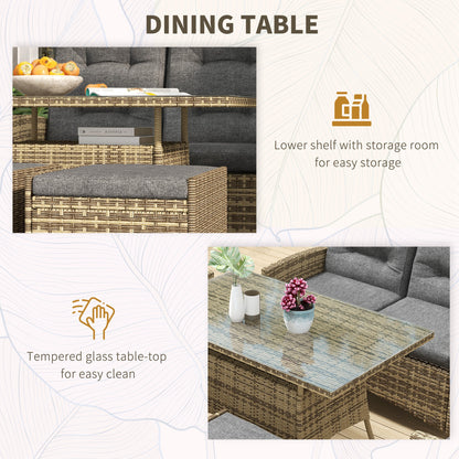 Rattan Dining Set for 6, 2 Reclining Chairs with Cushions, Grey