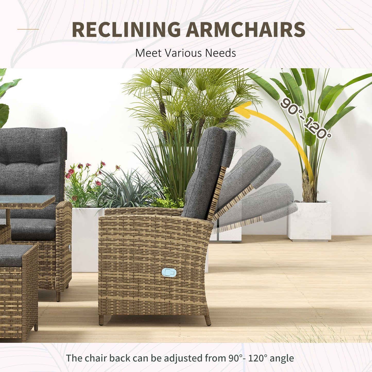 Rattan Dining Set for 6, 2 Reclining Chairs with Cushions, Grey