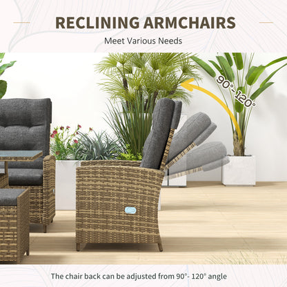 Rattan Dining Set for 6, 2 Reclining Chairs with Cushions, Grey