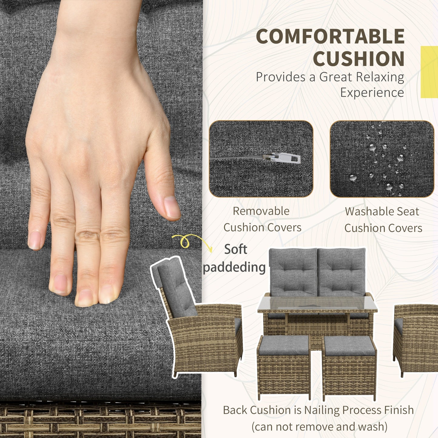 Rattan Dining Set for 6, 2 Reclining Chairs with Cushions, Grey