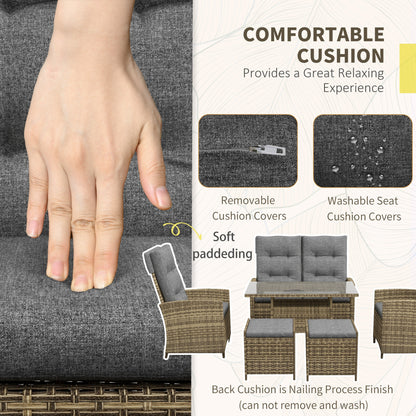 Rattan Dining Set for 6, 2 Reclining Chairs with Cushions, Grey