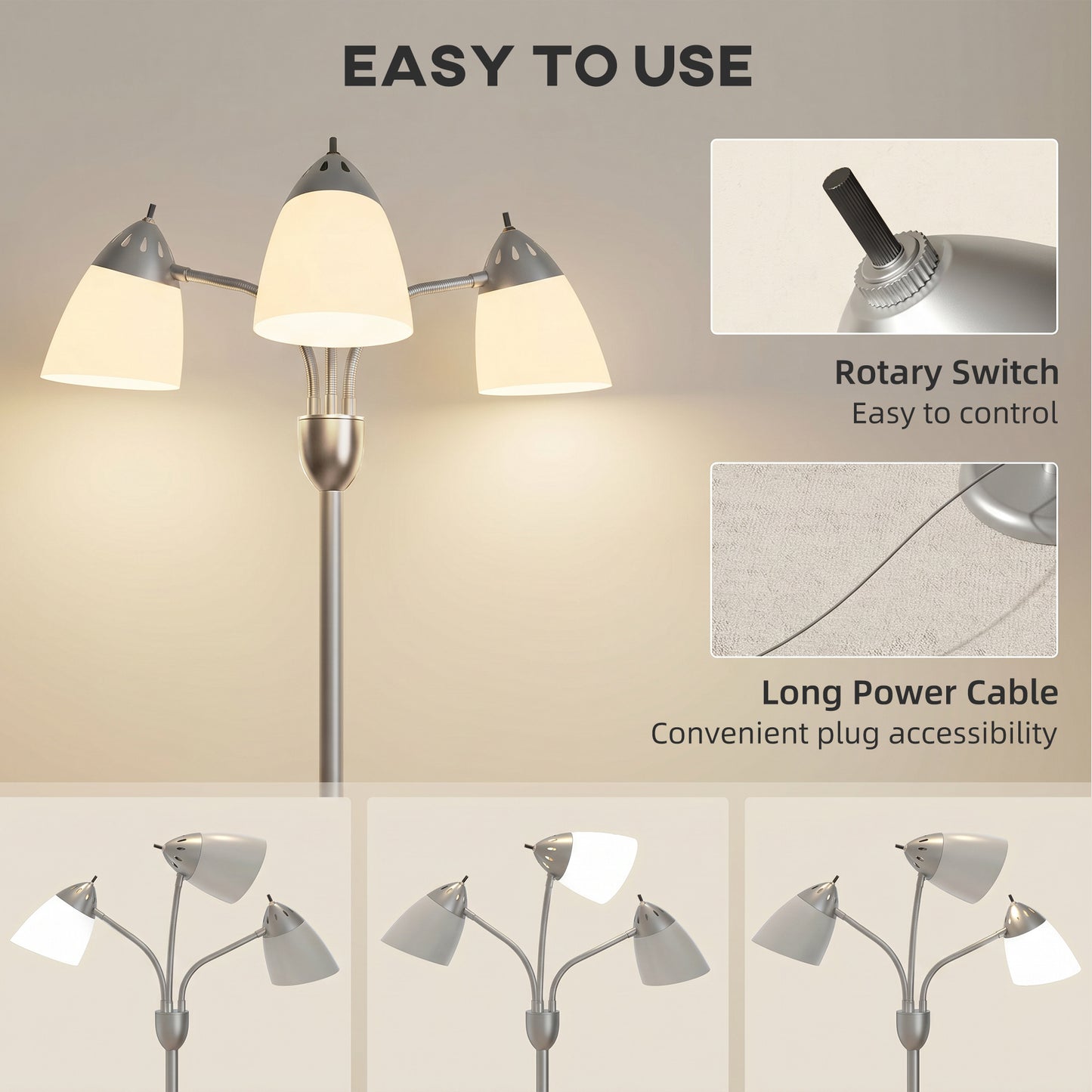 Arc Tree Floor Lamp with 3 Adjustable Rotating Lights, Industrial Standing Lamp with Steel Frame for Bedroom Living Room, 155cm, Silver Tone