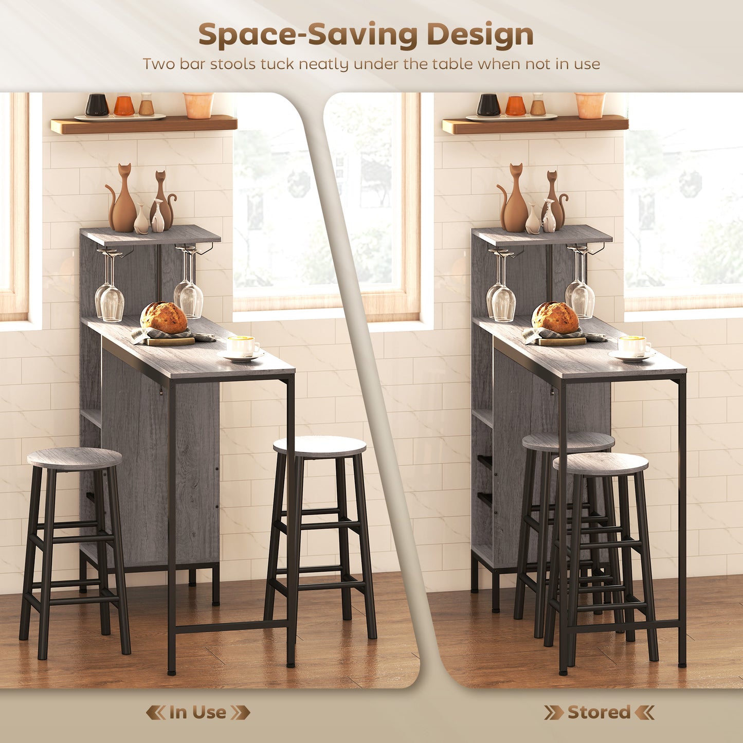 3 Pieces Dining Room Set, 6-Tier Dining Table and Stools, Natural