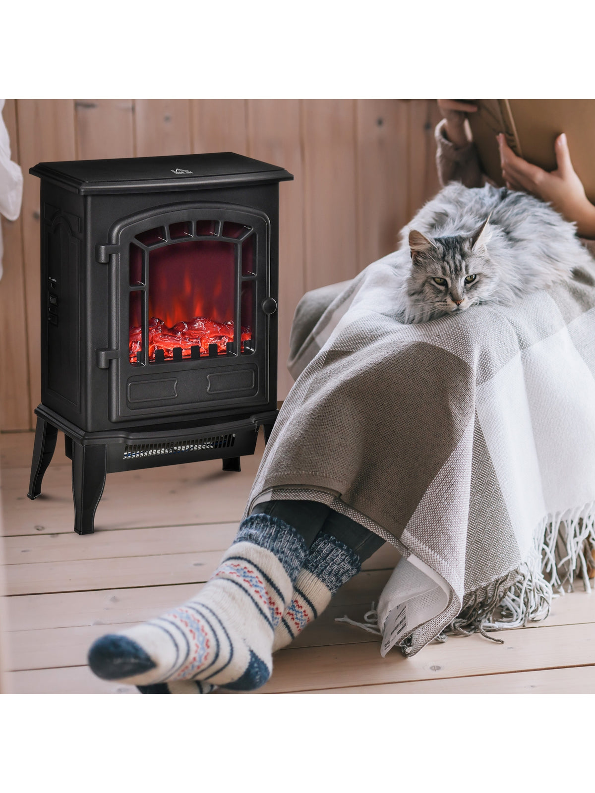 Freestanding Electric Fireplace Heater W/ Realistic Flame Effect Black