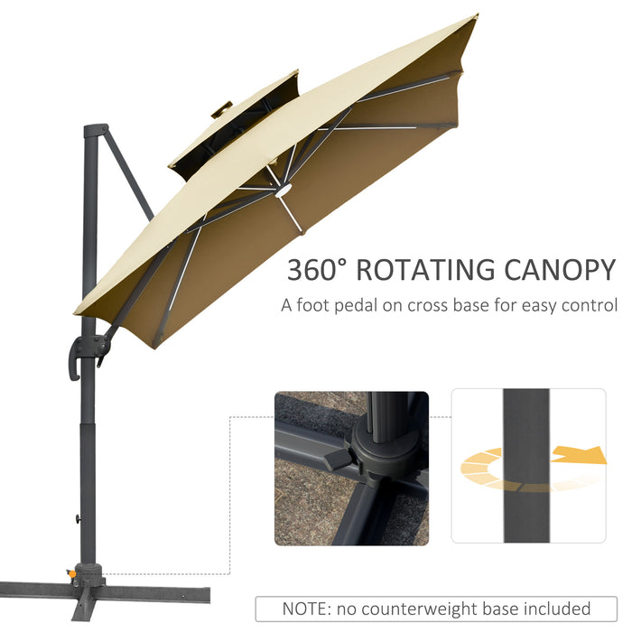 3m Cantilever Roma Parasol Adjustable Garden Sun Umbrella with Solar LED, Tilt and Crank Handle, Cross Base for Lawn, Khaki