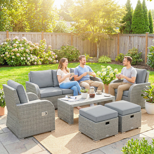Rattan Garden Furniture Set with Recliners, Footstools, Dark Grey