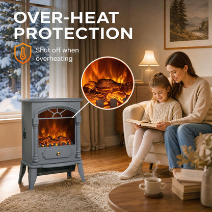 Freestanding Portable Fireplace with Adjustable Thermostat, Grey