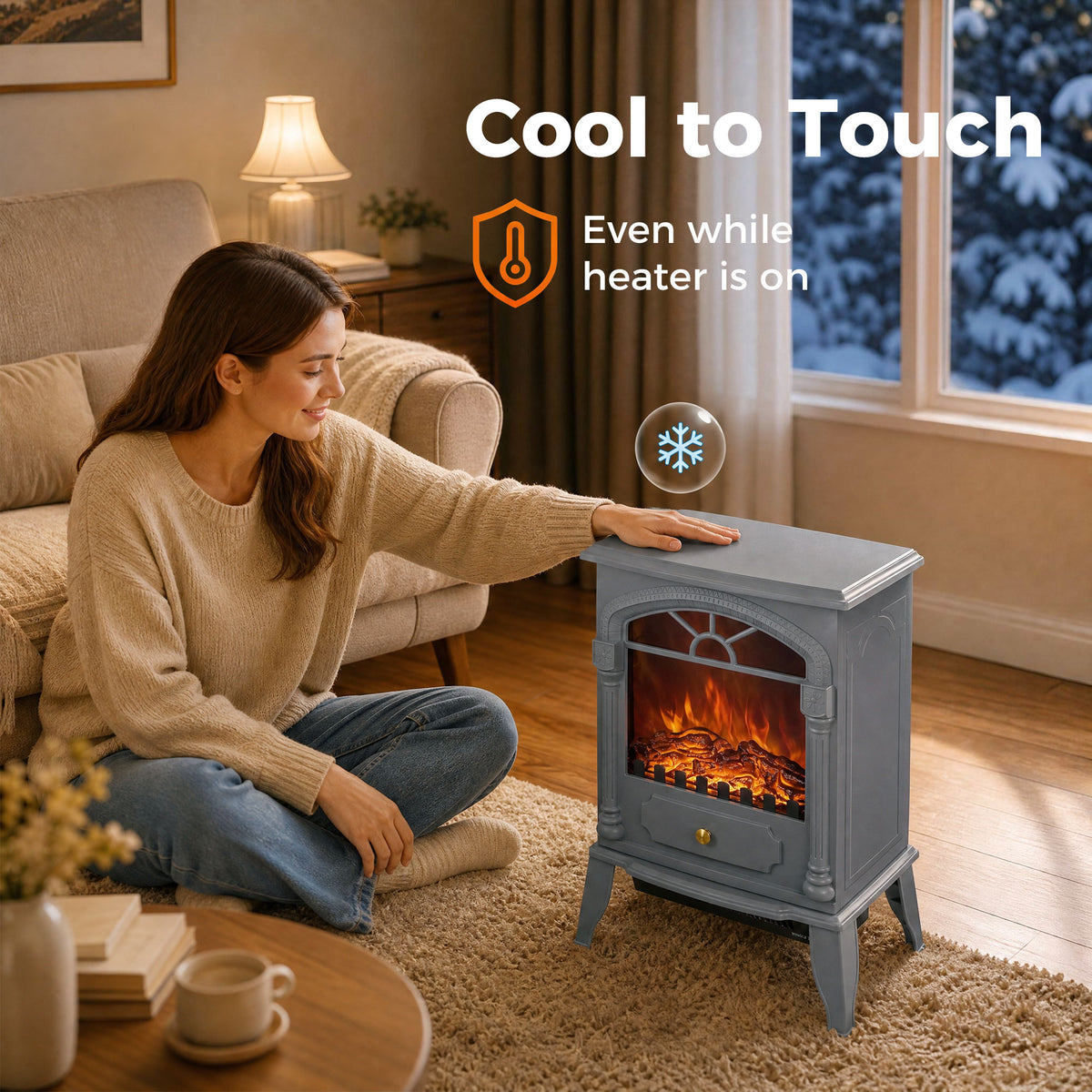 Freestanding Portable Fireplace with Adjustable Thermostat, Grey