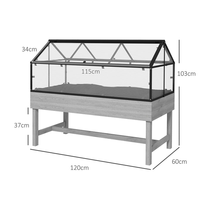 Elevated Wood Planter with Mini Greenhouse Raised Garden Bed with PC Panel Top Vent 120 x 60 x 103cm Distressed Grey