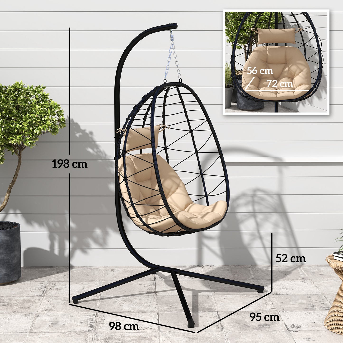 Garden Egg Chair Outdoor Hanging Swing Chair, Folding Basket, Khaki