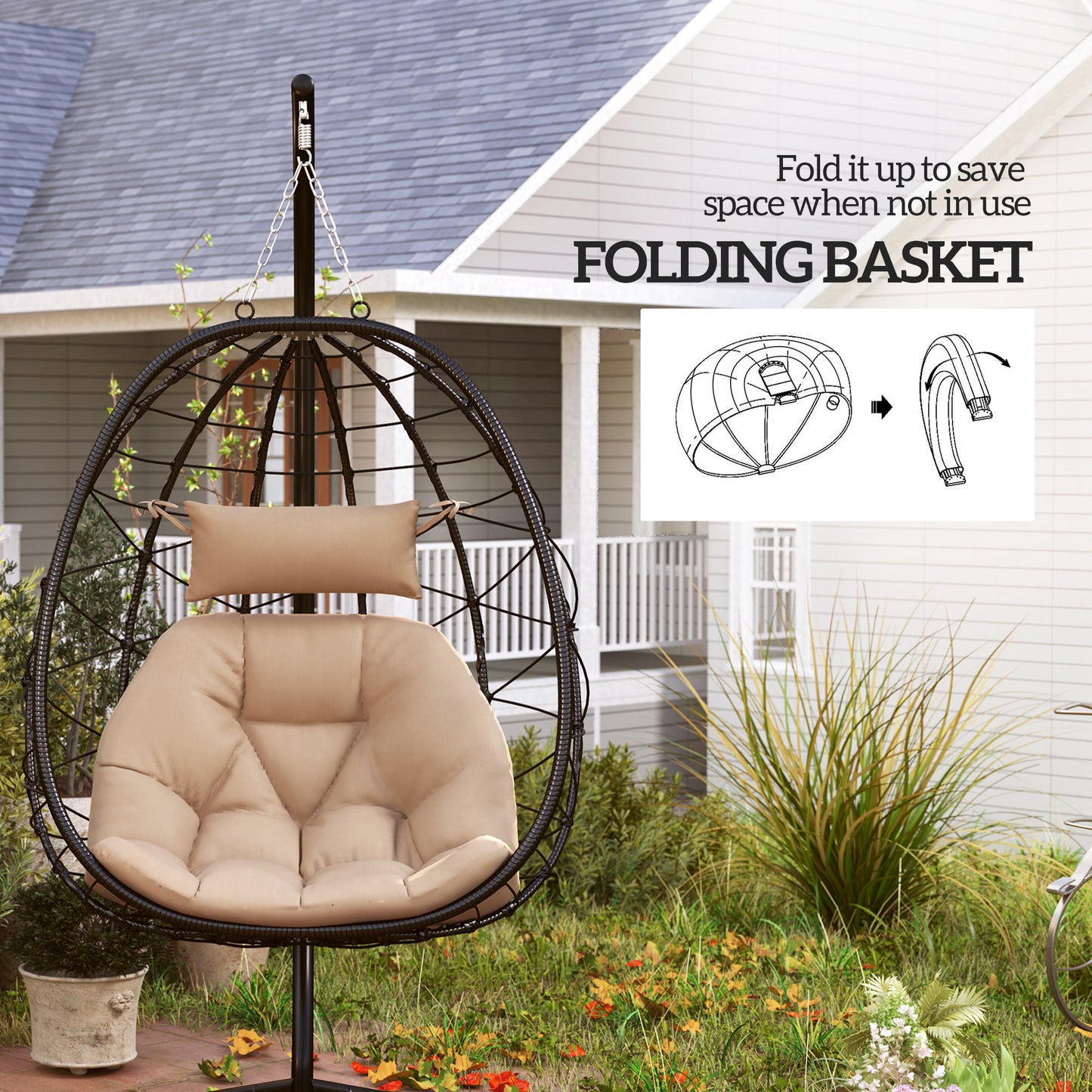 Garden Egg Chair Outdoor Hanging Swing Chair, Folding Basket, Khaki