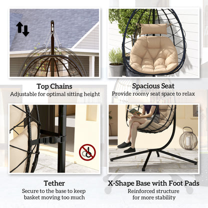 Garden Egg Chair Outdoor Hanging Swing Chair, Folding Basket, Khaki