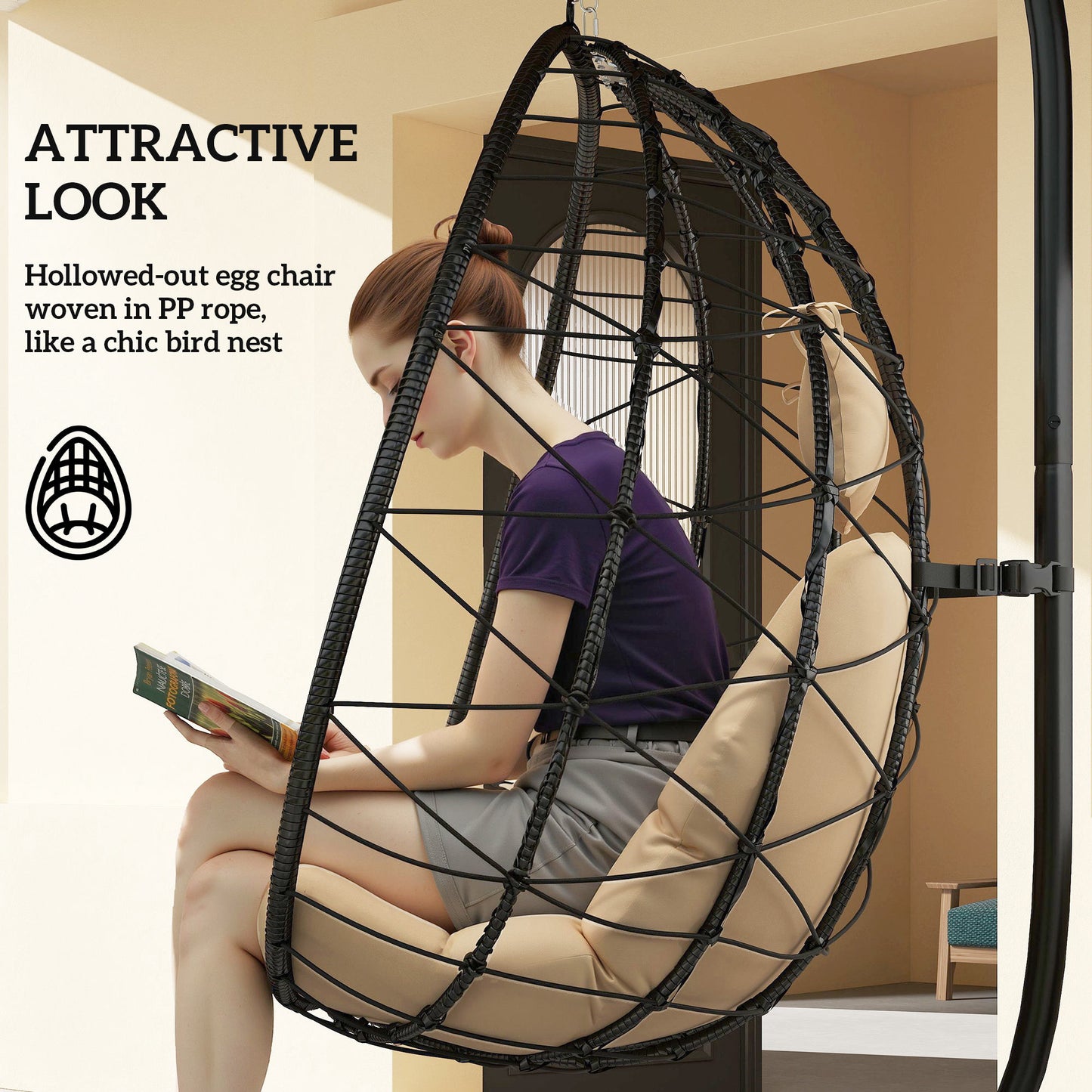 Garden Egg Chair Outdoor Hanging Swing Chair, Folding Basket, Khaki