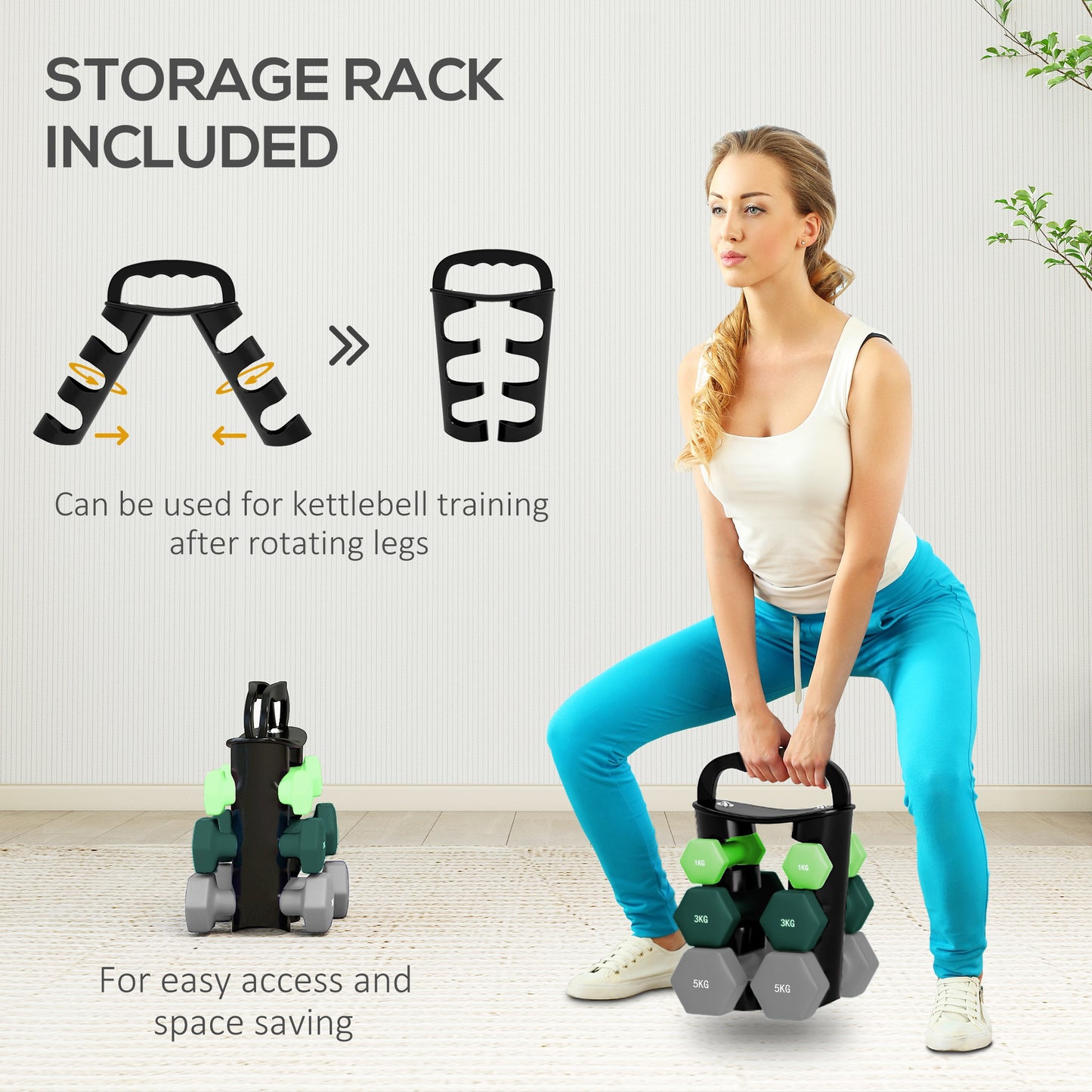 Dumbbells Set with Storage Rack, 2 x 1kg, 2 x 3kg, 2 x 5kg, Green